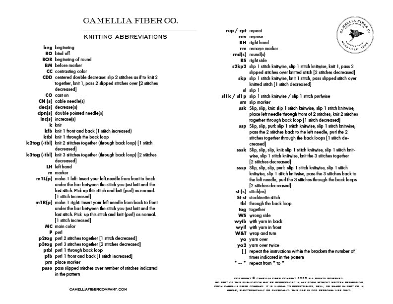 CFC Knitting Abbreviation Glossary - Printable